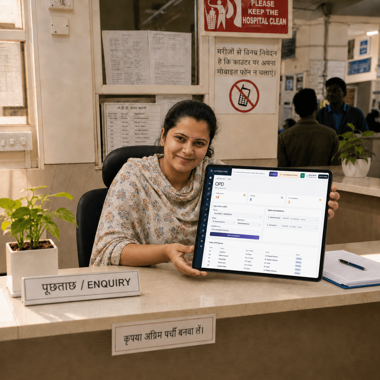 Hospital reception after ALPHENTA — receptionist with tablet
